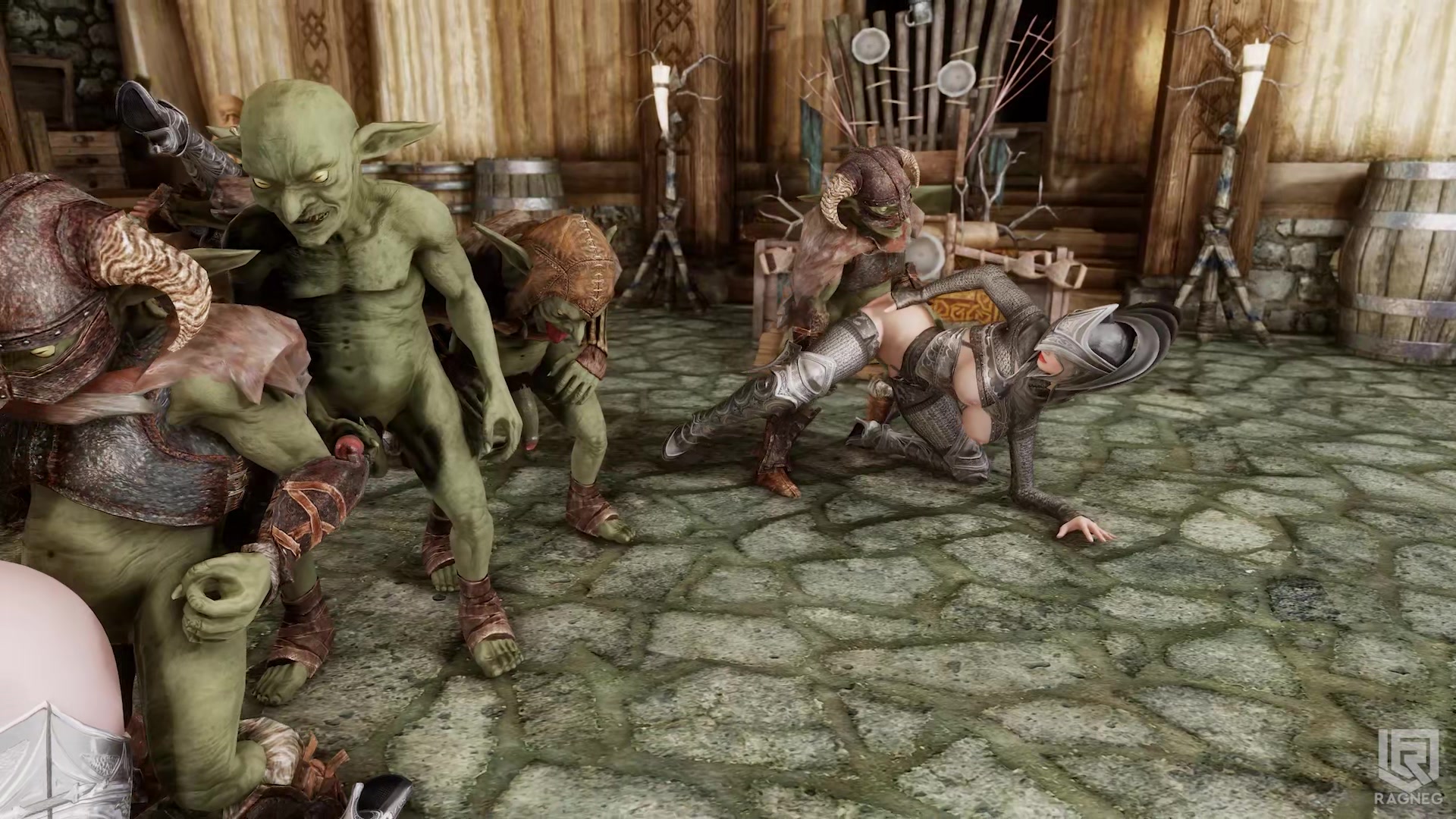 Two goblin cocks plunge into her rear